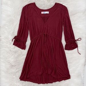 Free People Beach Maroon Linen V-Neck Cinched Waist Long Sleeve Witchy Dress